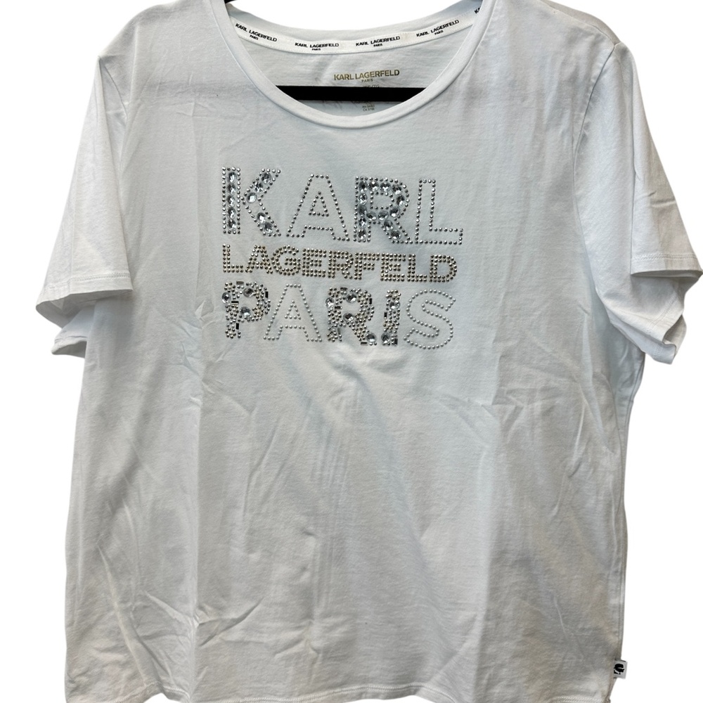 Karl Lagerfeld Paris White T-Shirt Women's Size XL Rhinestone Bling - Picture 2 of 12